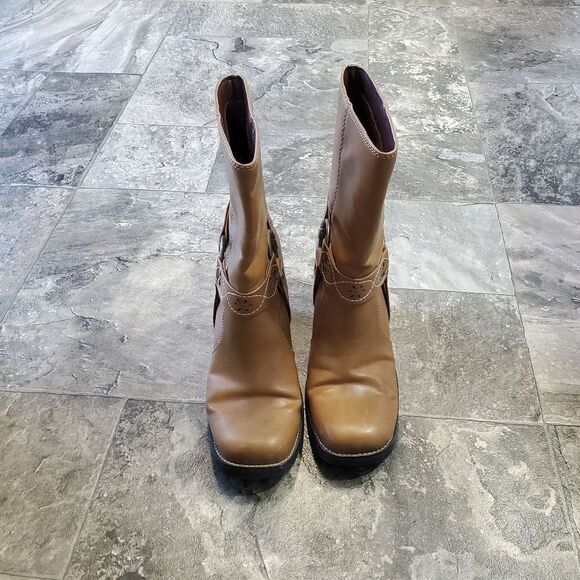 Vintage 90s y2k Bratz Camel Tan Faux Vegan Leather Chunky Heel Square Toe Boots - Picture 5 of 9